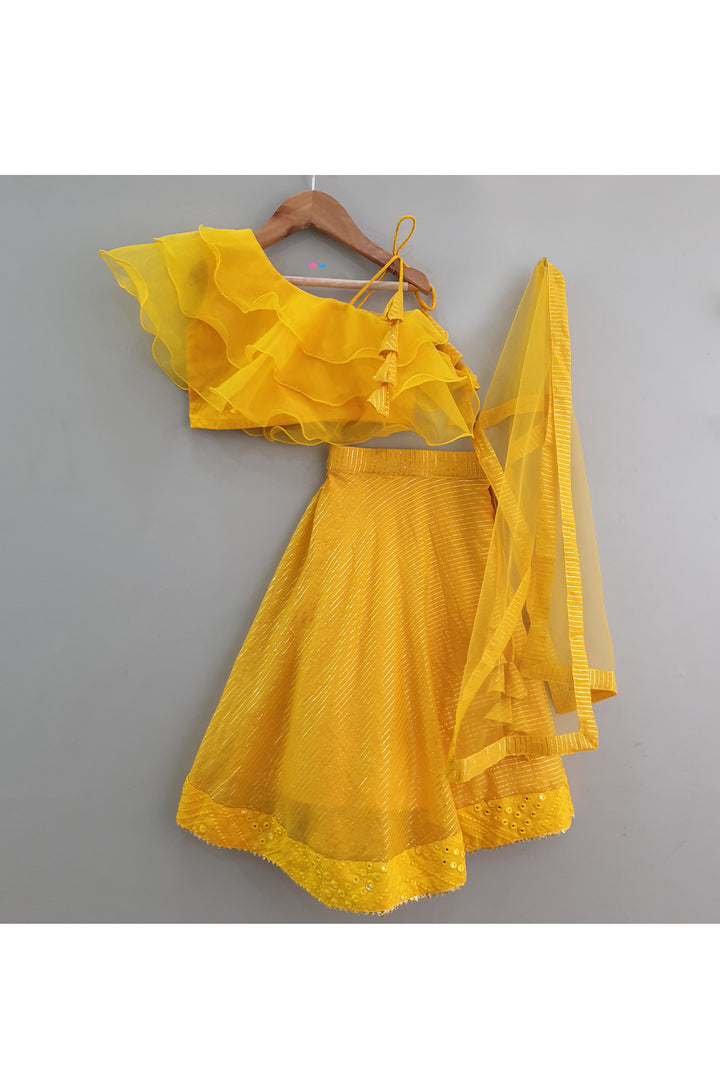 Mustard Yellow One Shoulder Ruffle Top With Lehenga Set