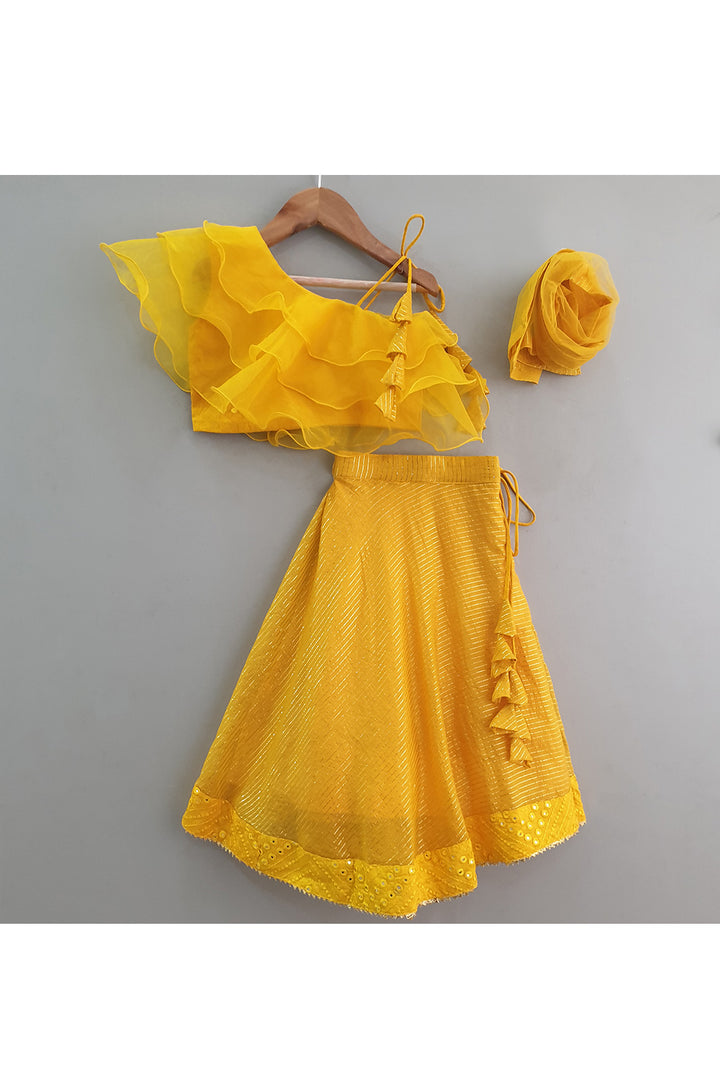 Mustard Yellow One Shoulder Ruffle Top With Lehenga Set