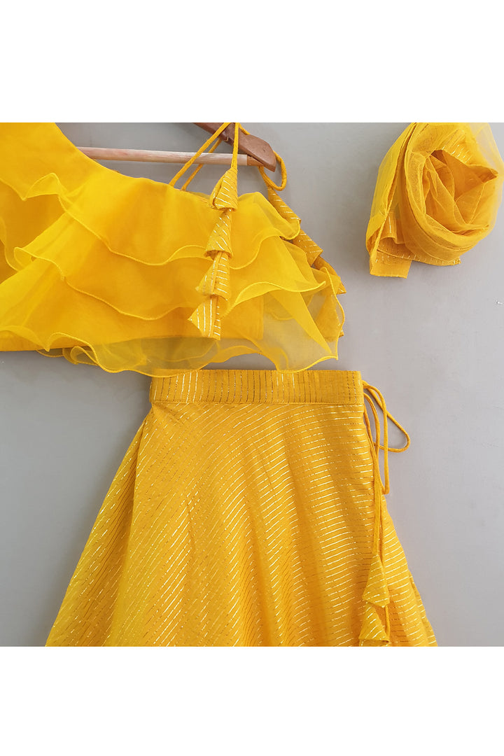 Mustard Yellow One Shoulder Ruffle Top With Lehenga Set