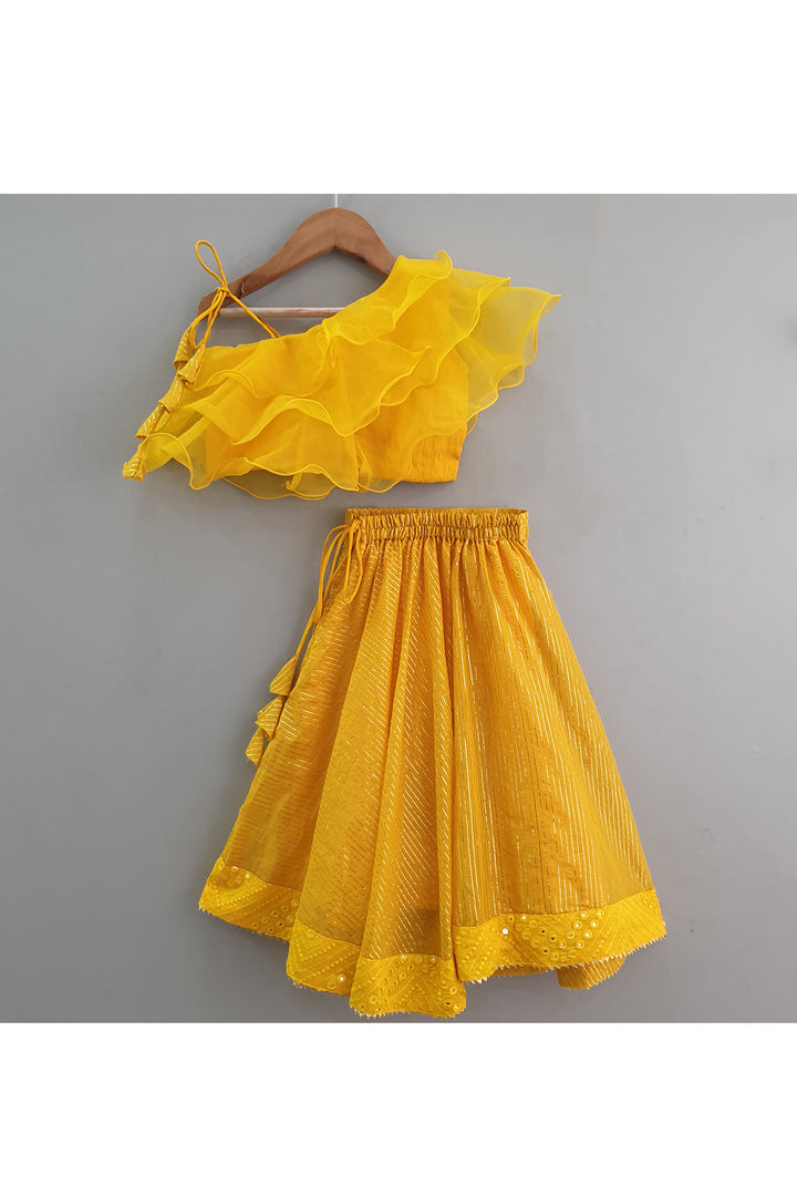 Mustard Yellow One Shoulder Ruffle Top With Lehenga Set