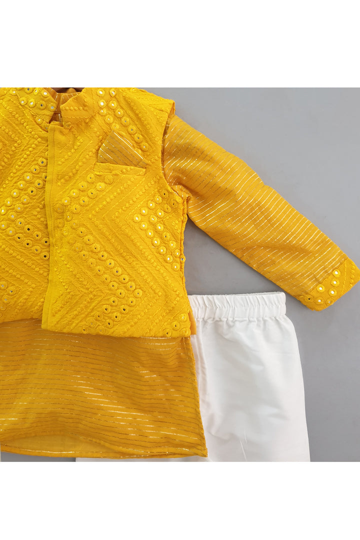 Mustard Yellow Kurta With Mirror Faux Embroidered Jacket Set