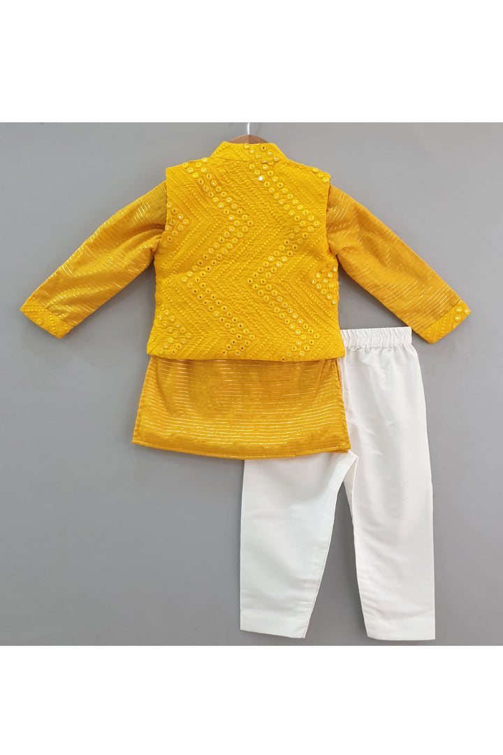 Mustard Yellow Kurta With Mirror Faux Embroidered Jacket Set