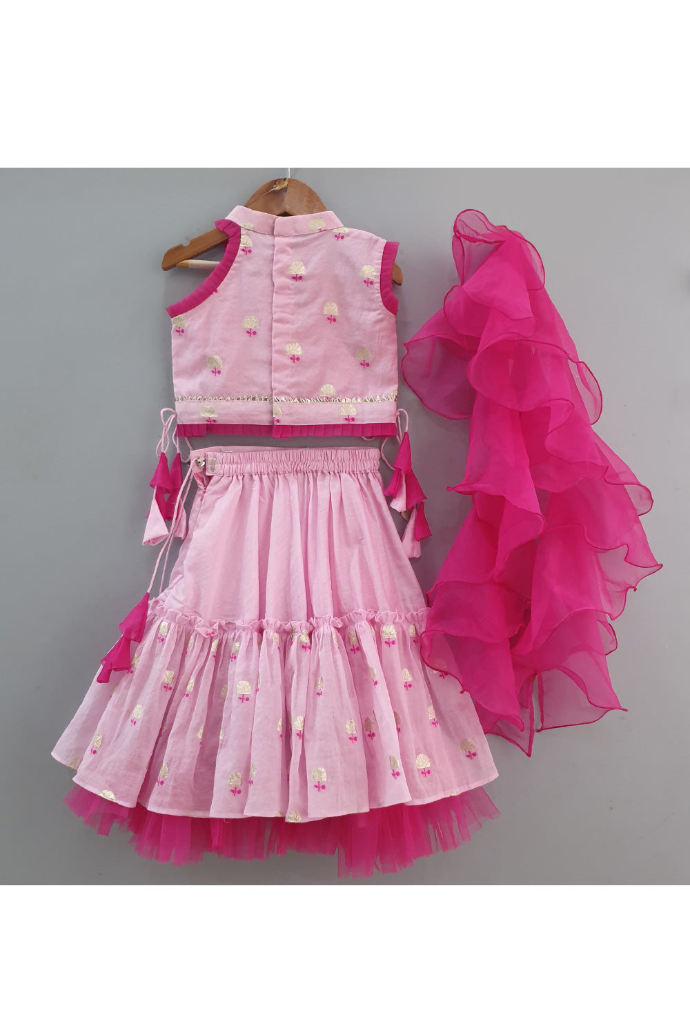 Pink Flower Embroidered Halter Neck Top With Lehenga Set