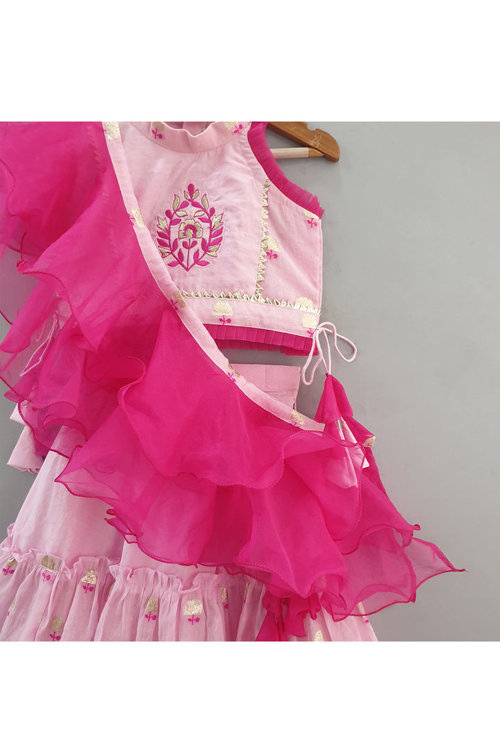 Pink Flower Embroidered Halter Neck Top With Lehenga Set