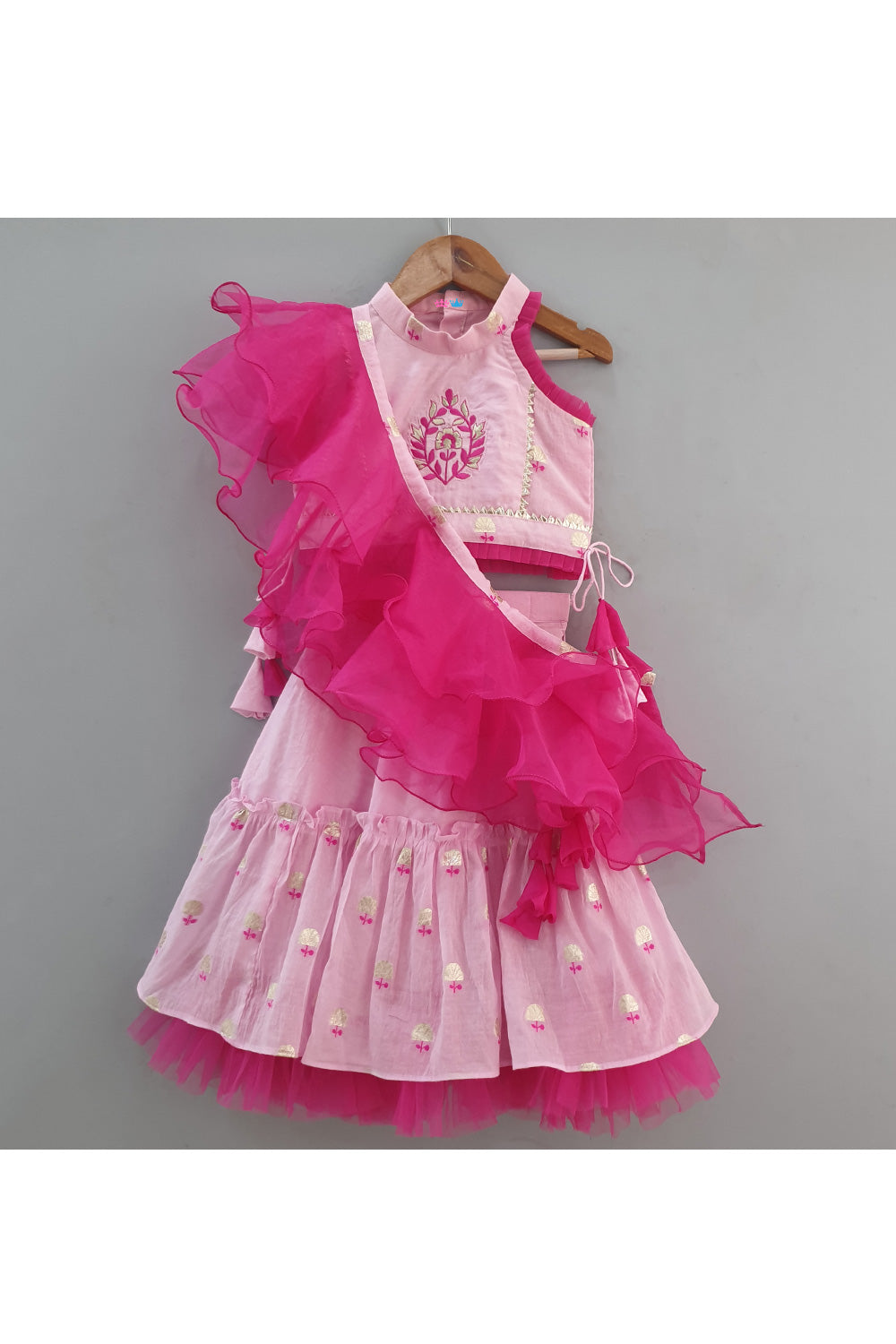 Pink Flower Embroidered Halter Neck Top With Lehenga Set