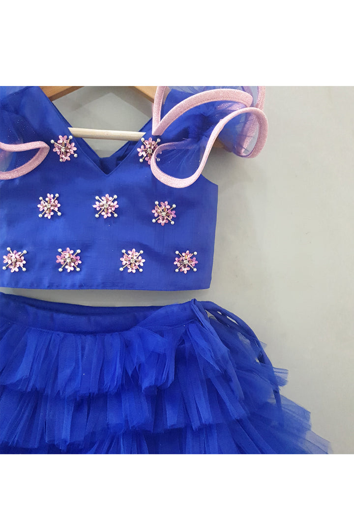 Royal Blue Hand Embroidered Ruffle Top With Frill Skirt Set