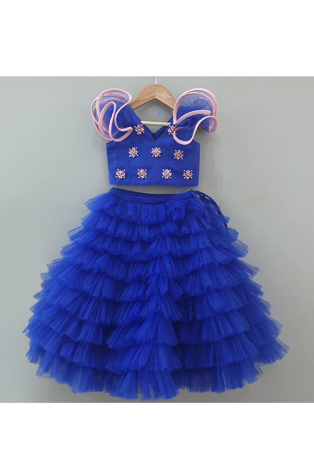Dark Blue Hand Embroidered Ruffle Top With Frill Skirt Set