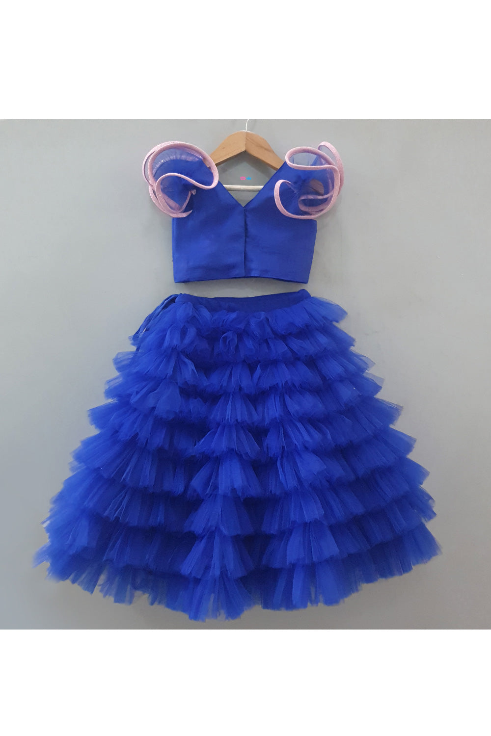 Royal Blue Hand Embroidered Ruffle Top With Frill Skirt Set
