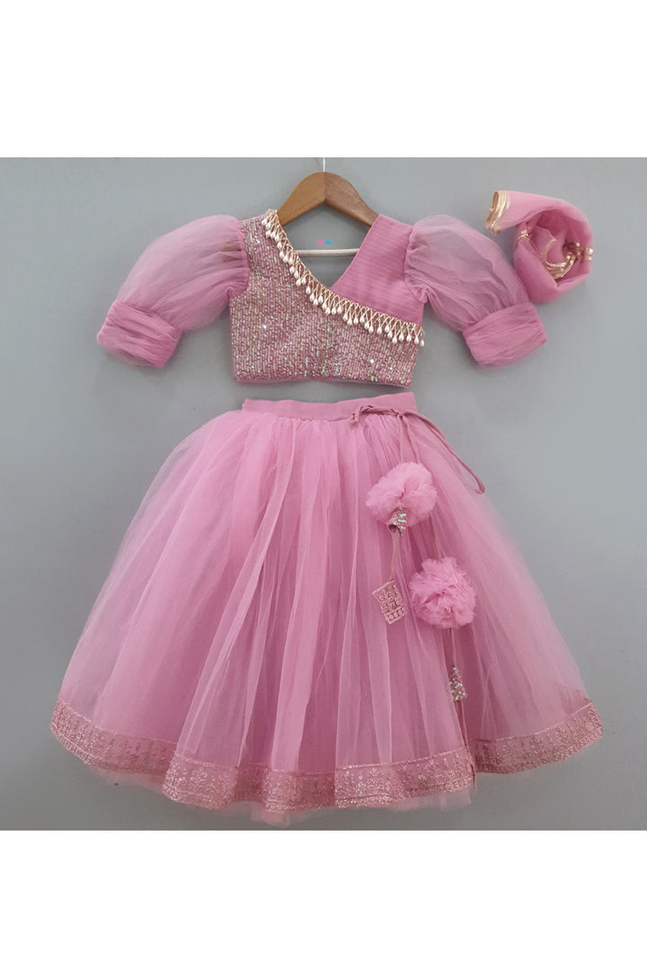 Onion Pink Sequins Embroidered Top With Lehenga Set