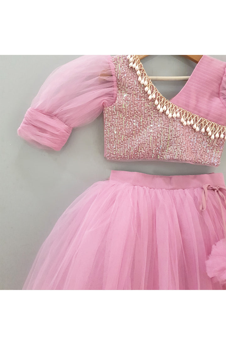 Onion Pink Sequins Embroidered Top With Lehenga Set