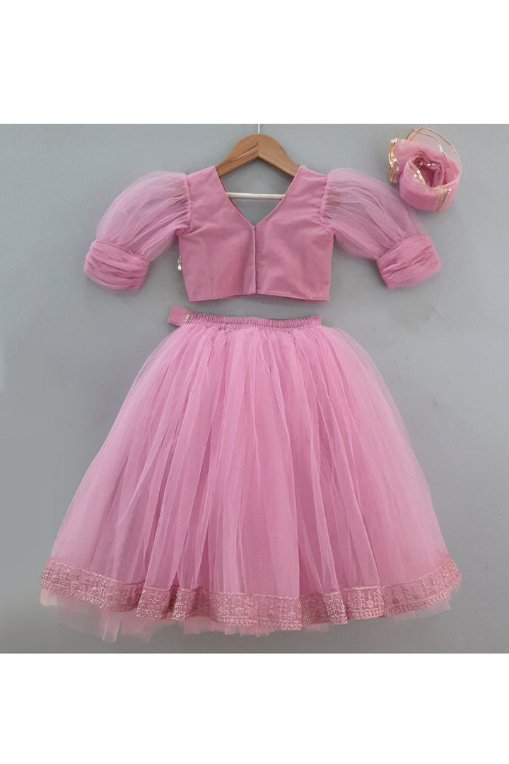 Onion Pink Sequins Embroidered Top With Lehenga Set