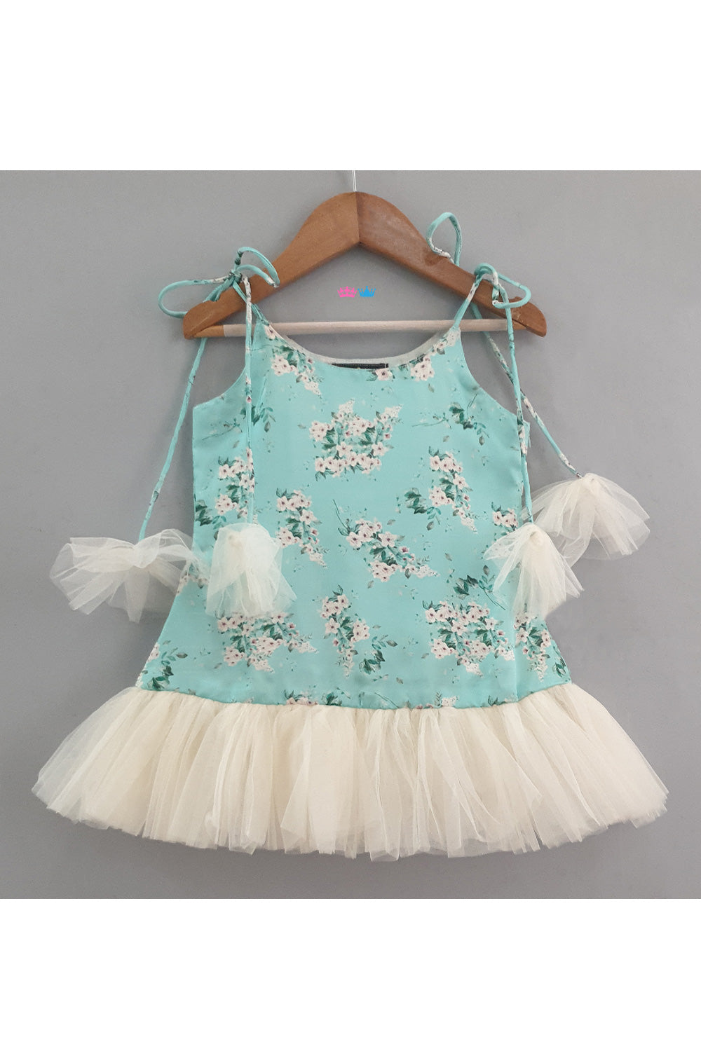 Aqua Blue Flower Printed Linen Satin Frill Dress