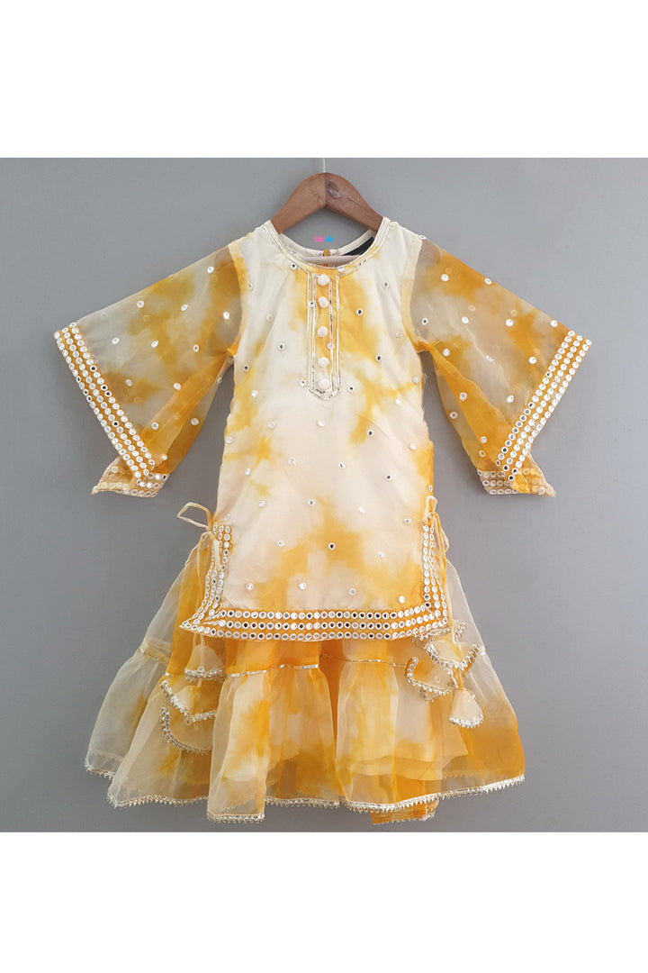 Mustard Yellow Tie And Dye Mirror Faux Embroidered Kurta With Sharara Set