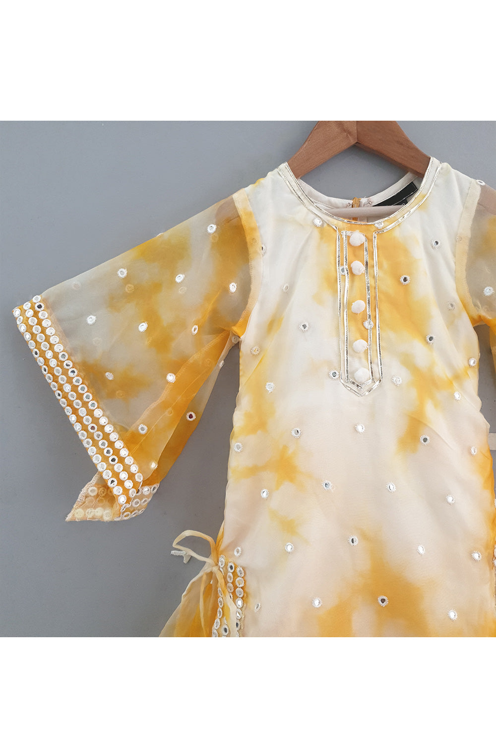 Mustard Yellow Tie And Dye Faux Mirror Embroidered Long Dress