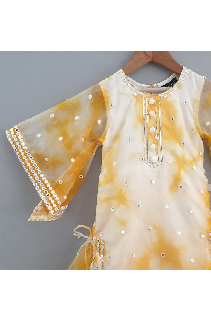 Mustard Yellow Tie And Dye Faux Mirror Embroidered Long Dress