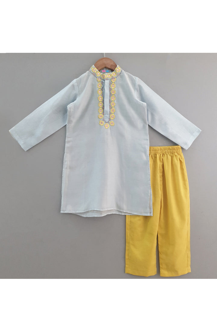 Powder Blue Flower Embroidered Chanderi Kurta With Pyjama Set