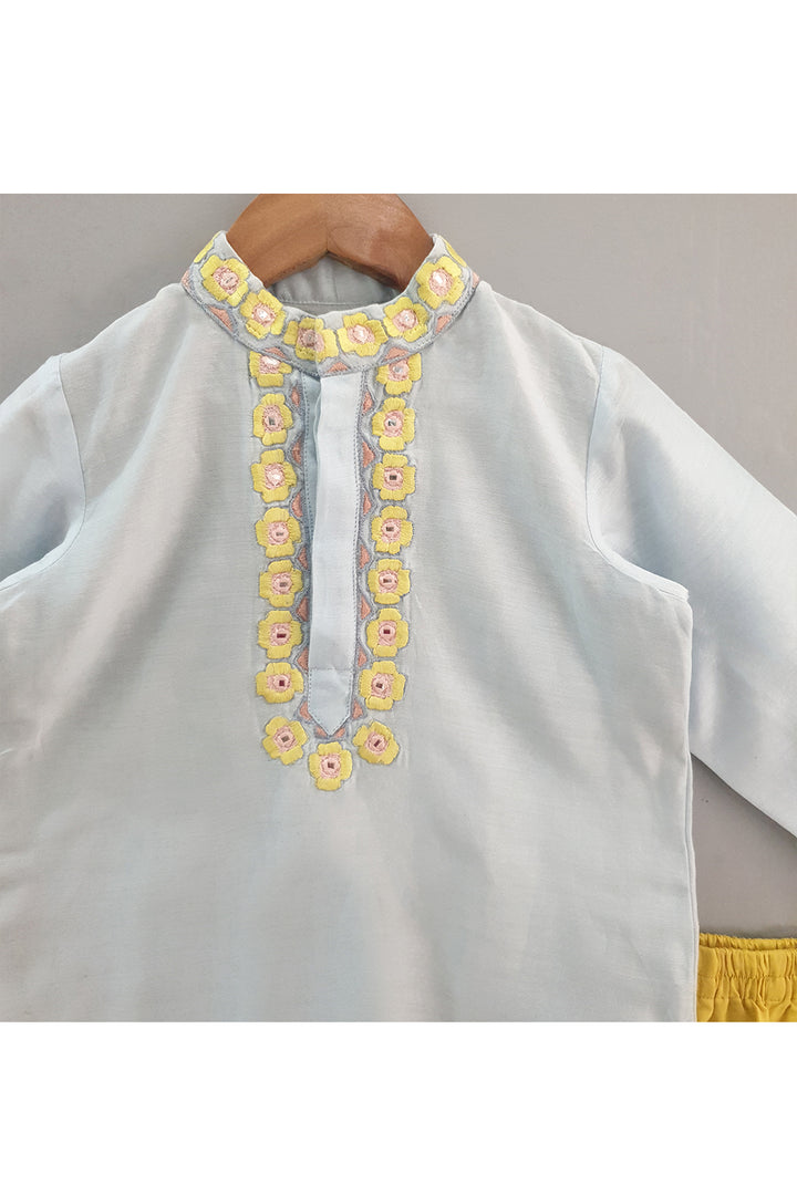Powder Blue Flower Embroidered Chanderi Kurta With Pyjama Set