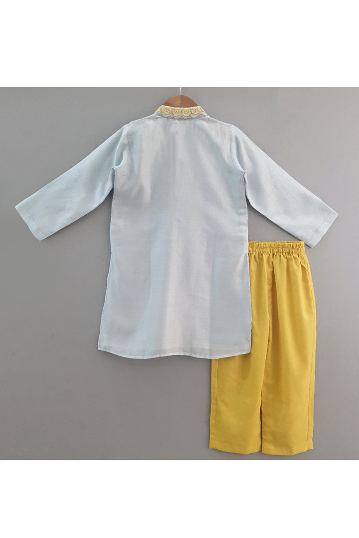 Powder Blue Flower Embroidered Chanderi Kurta With Pyjama Set