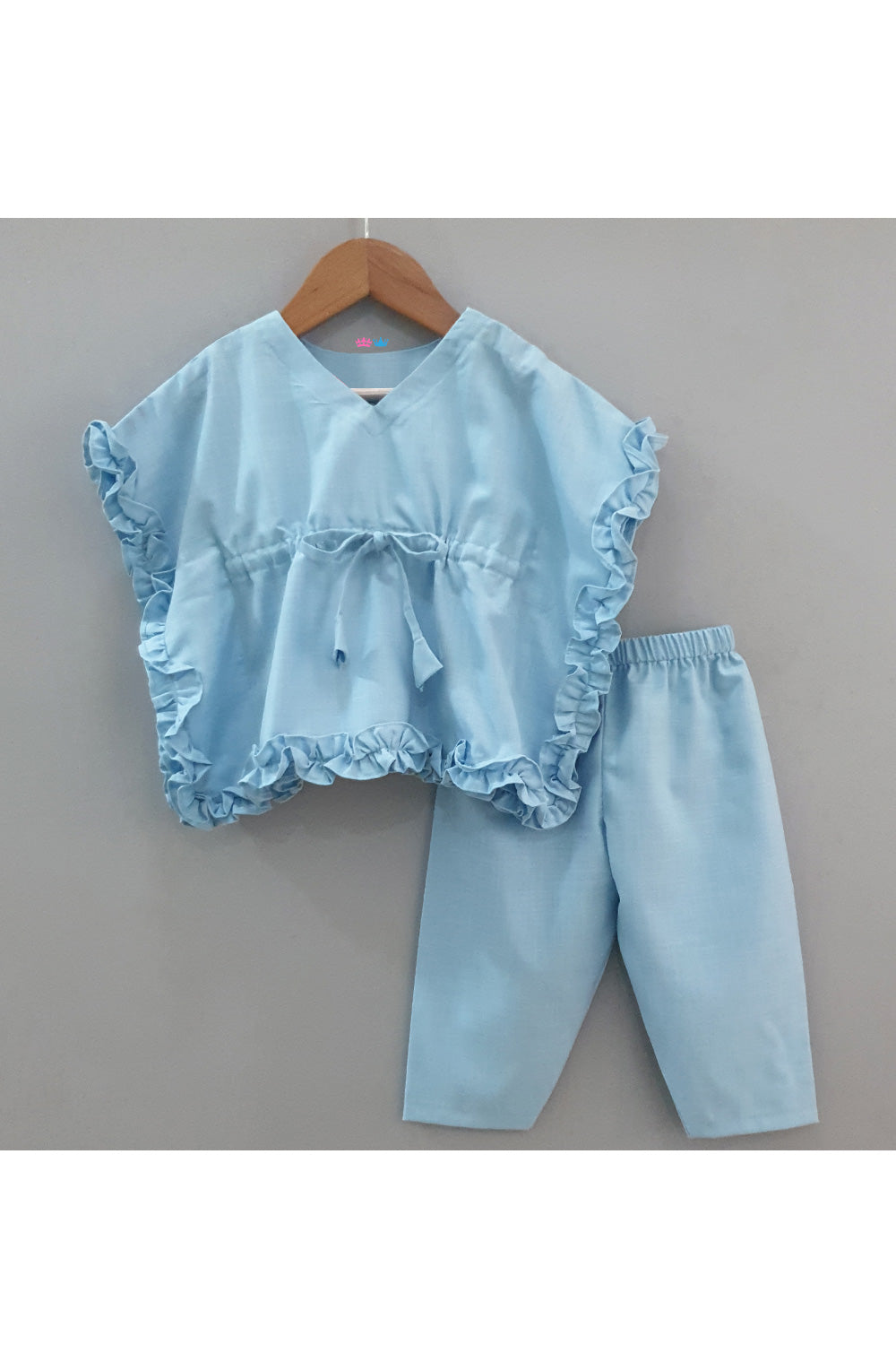 Blue Frill Kaftan Style Cotton Top With Pyjama Set