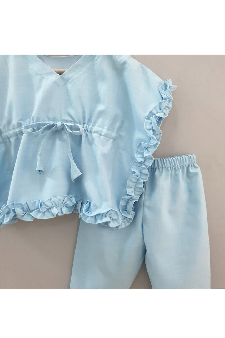 Blue Frill Kaftan Style Cotton Top With Pyjama Set