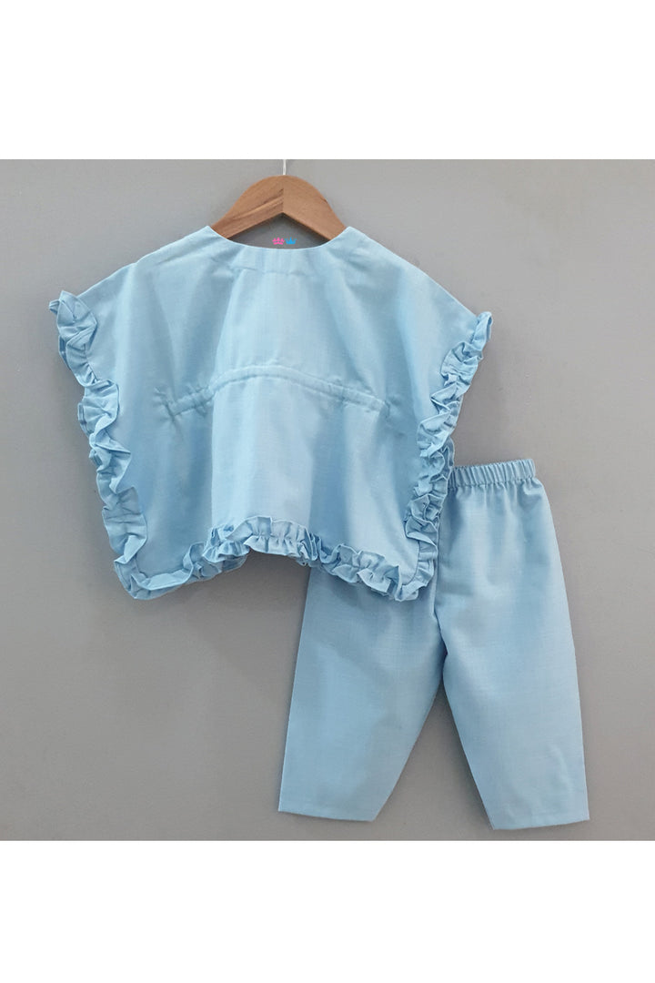 Blue Frill Kaftan Style Cotton Top With Pyjama Set