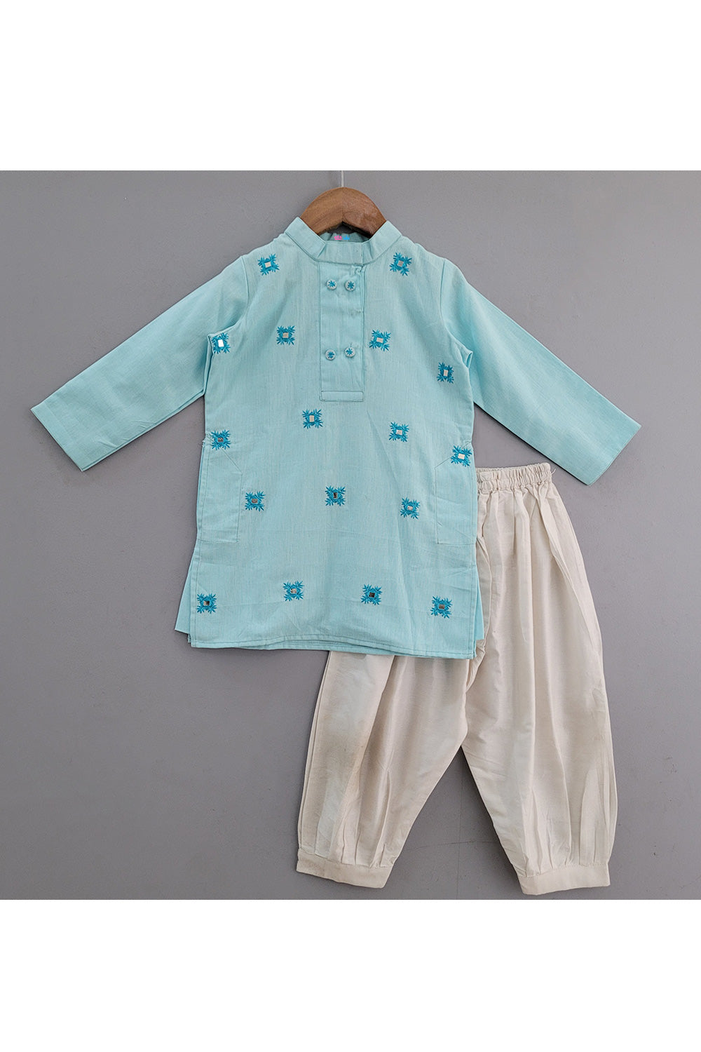 Blue Faux Mirror Embroidered Kurta With Pyjama Set