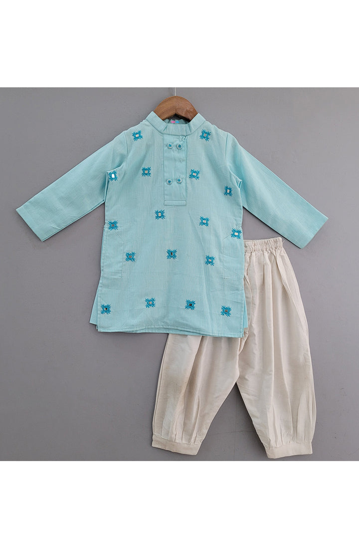 Blue Faux Mirror Embroidered Kurta With Pyjama Set