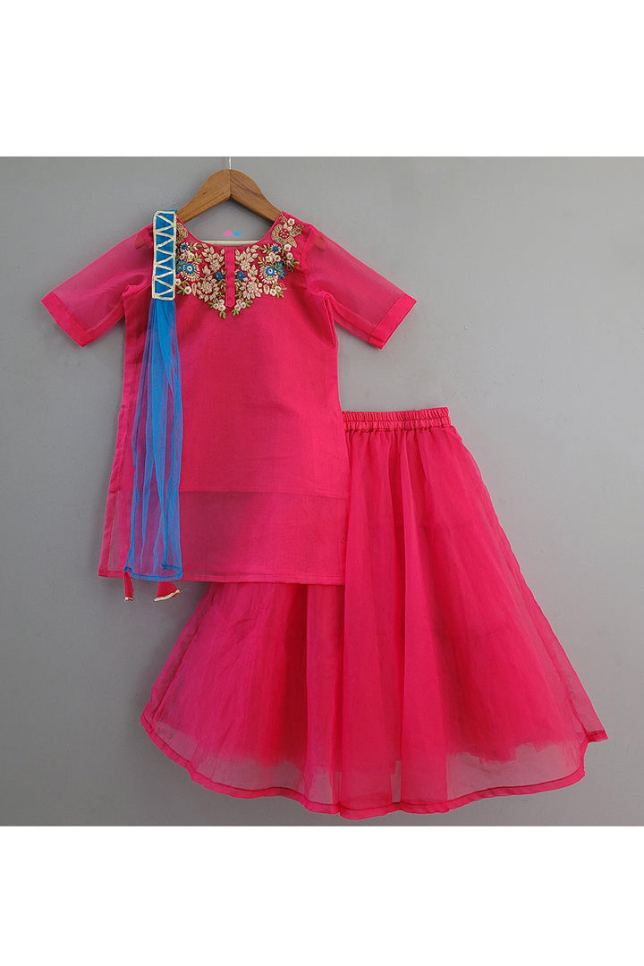 Pink Embroidered Organza Kurta With Lehenga Set