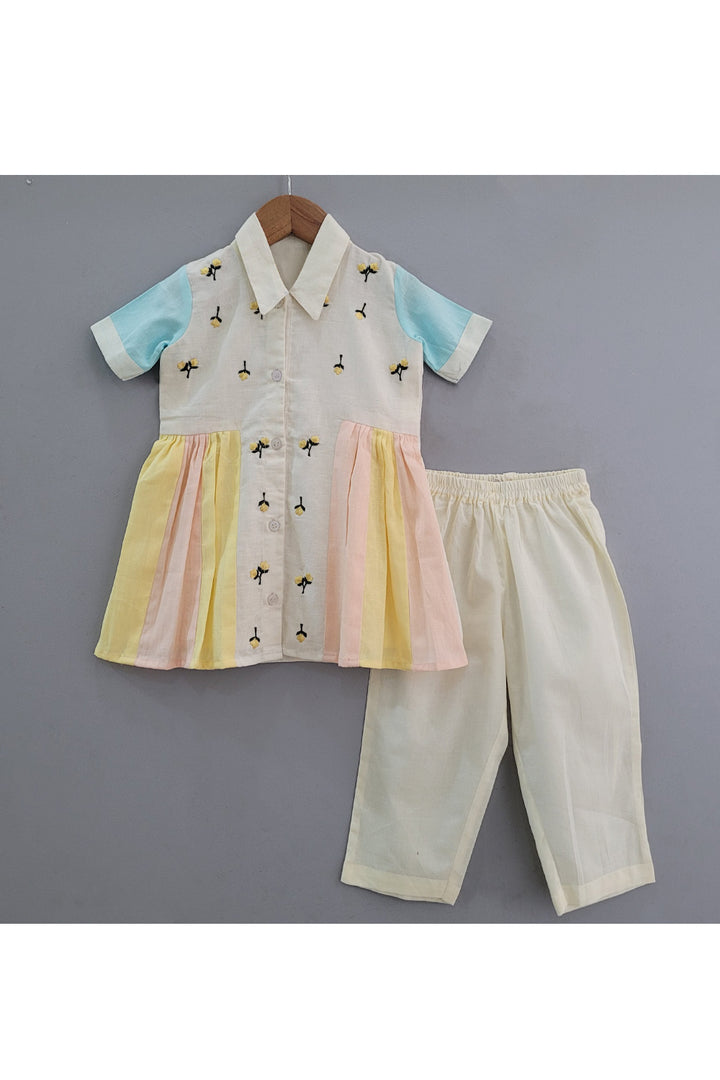 White Flower Embroidered Linen Kurta With Pant Set