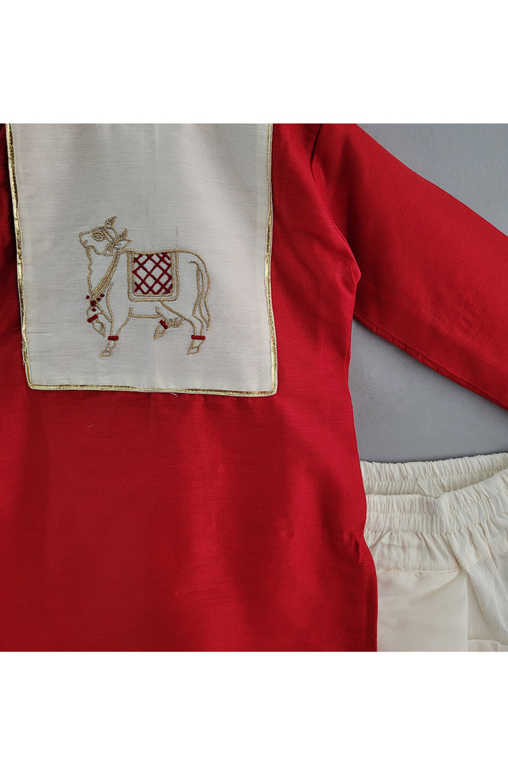 Red kamdhenu Embroidered Cotton Silk Kurta With Dhoti Set