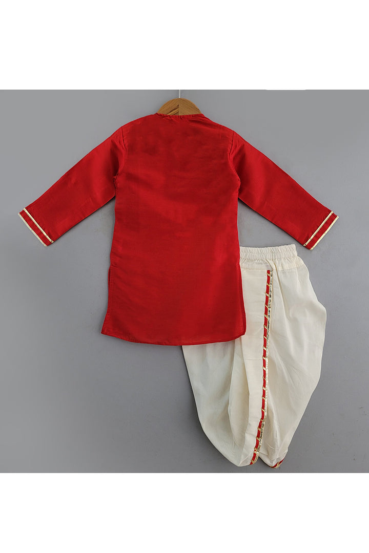 Red kamdhenu Embroidered Cotton Silk Kurta With Dhoti Set