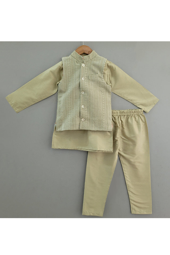 Mint Green Cotton Silk Kurta With Thread Embroidered Jacket Set