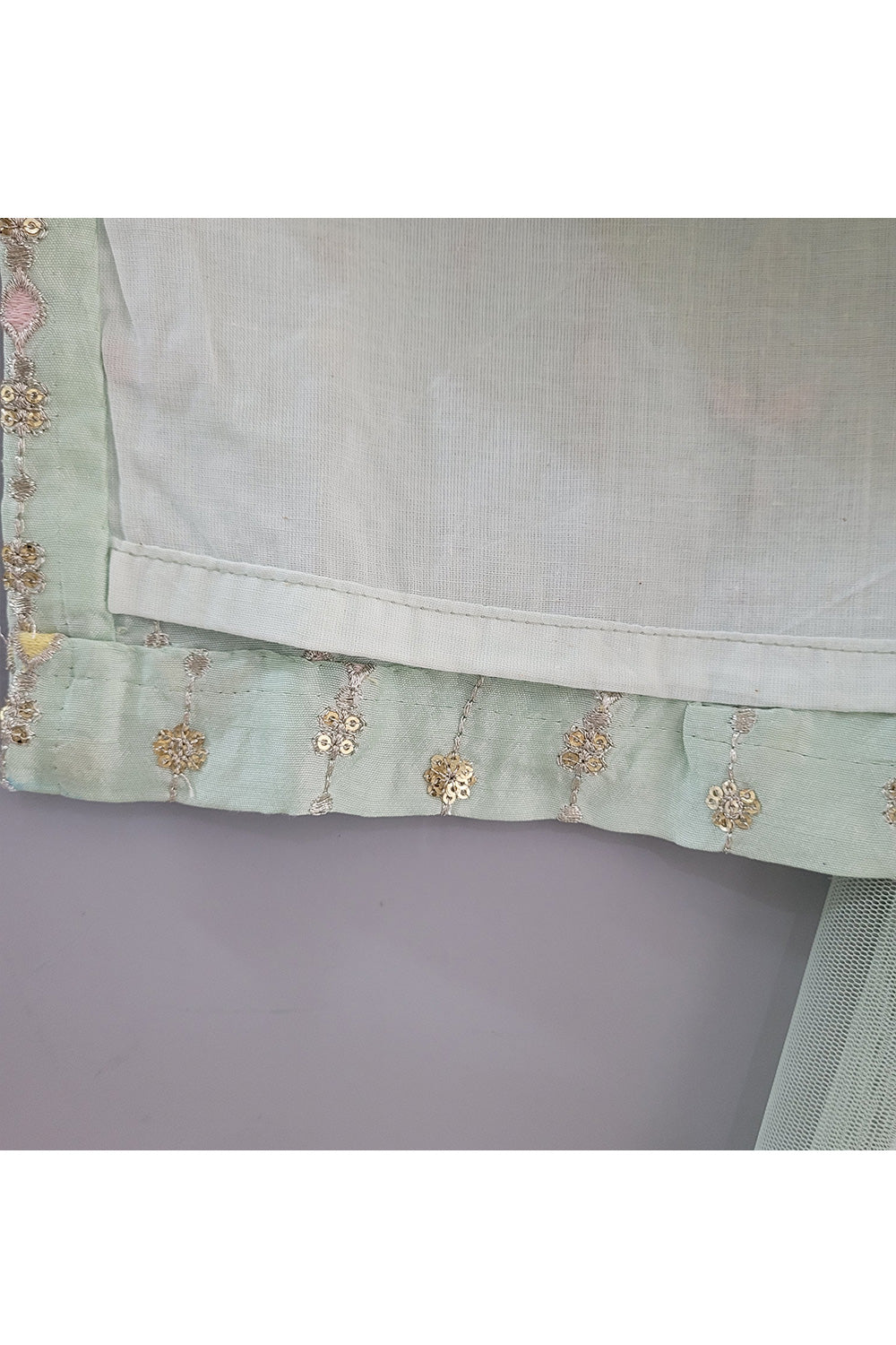 Sea Green Sequins Embroidered Cotton Silk Kurta With Net Lehenga Set