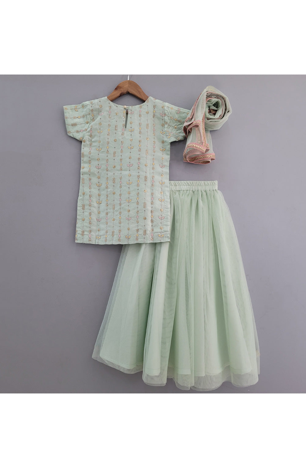 Sea Green Sequins Embroidered Cotton Silk Kurta With Net Lehenga Set