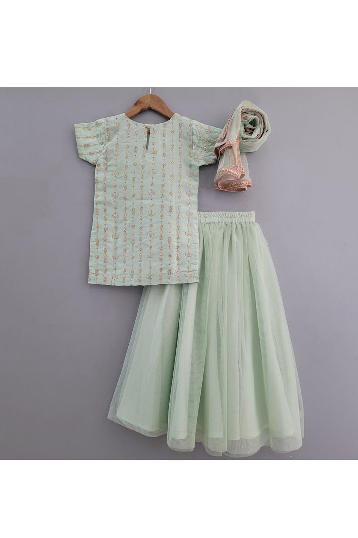 Sea Green Sequins Embroidered Cotton Silk Kurta With Net Lehenga Set