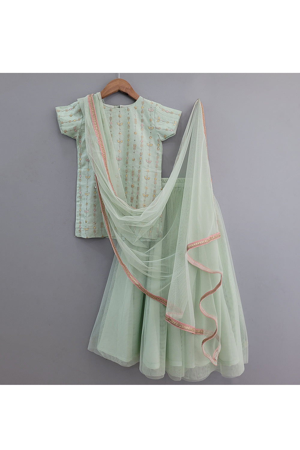 Sea Green Sequins Embroidered Cotton Silk Kurta With Net Lehenga Set