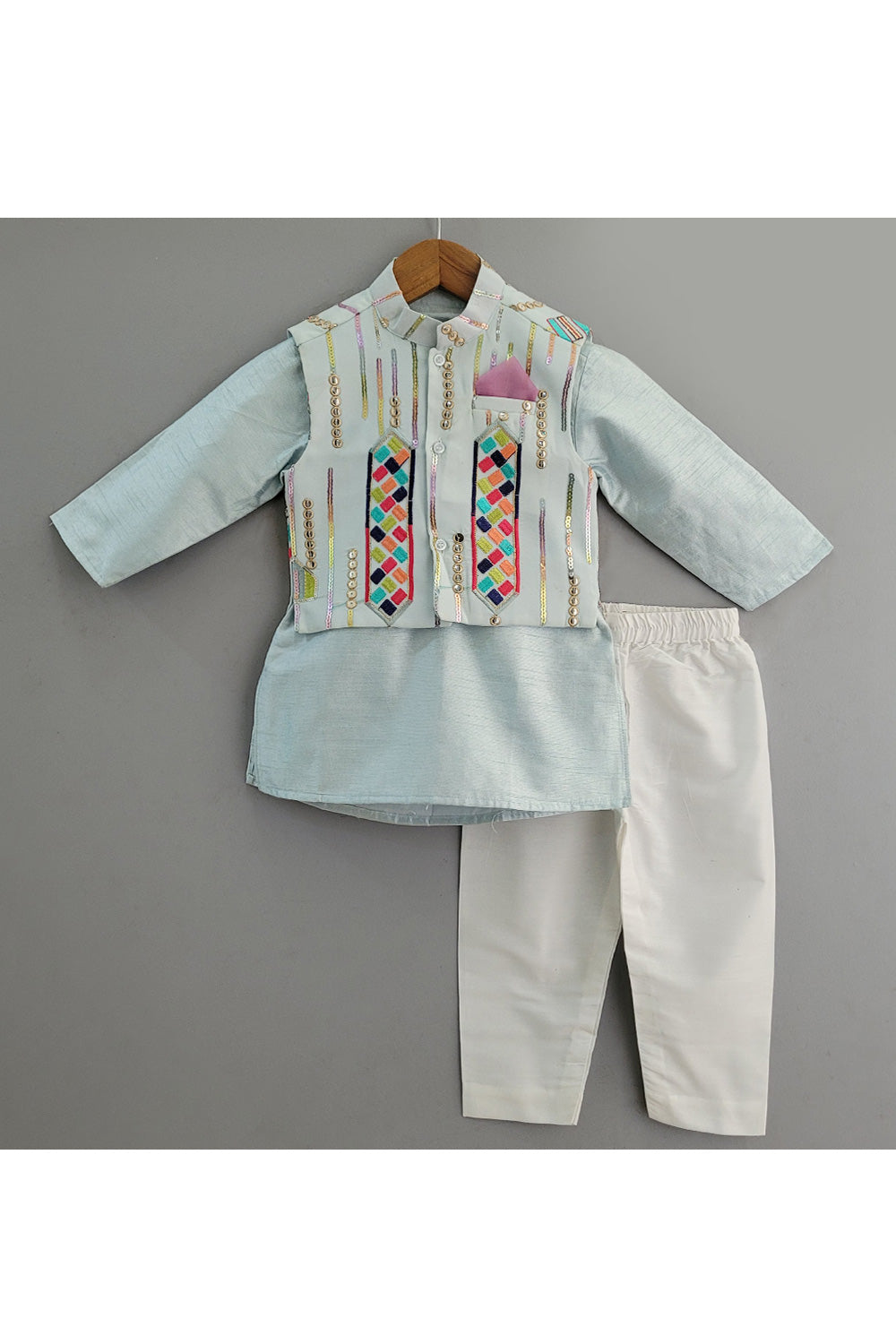 Powder Blue Art Silk Kurta With Sequins Embroidered Jacket Set