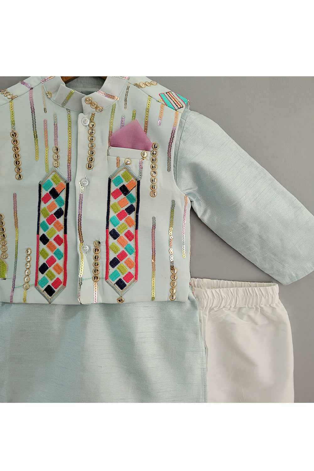 Powder Blue Art Silk Kurta With Sequins Embroidered Jacket Set