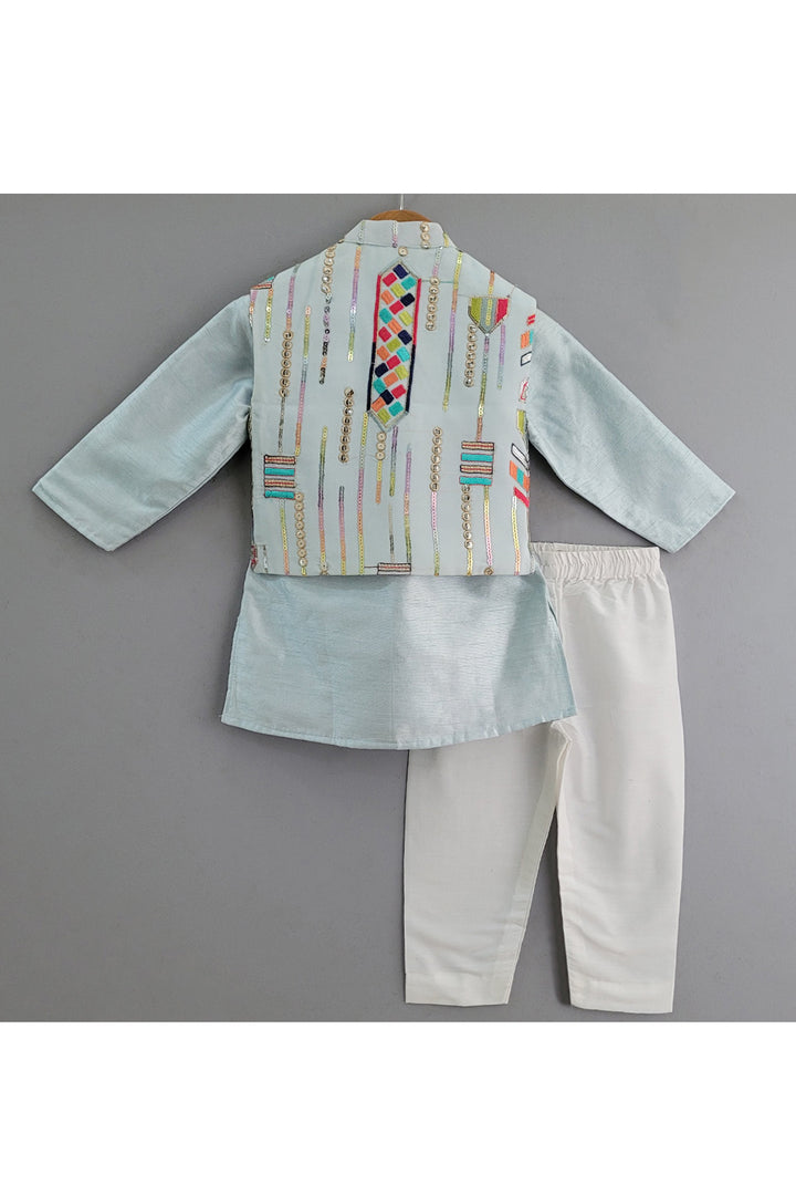 Powder Blue Art Silk Kurta With Sequins Embroidered Jacket Set