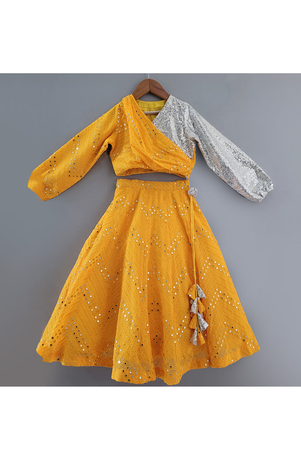 Yellow Faux Mirror And Sequins Embroidered Top With Lehenga Set