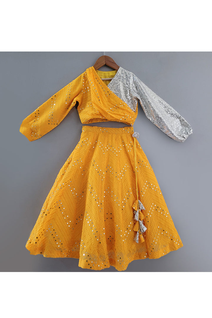 Yellow Faux Mirror And Sequins Embroidered Top With Lehenga Set
