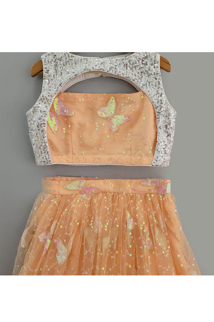 Peach Butterfly Sequins Embroidered Top With Lehenga Set