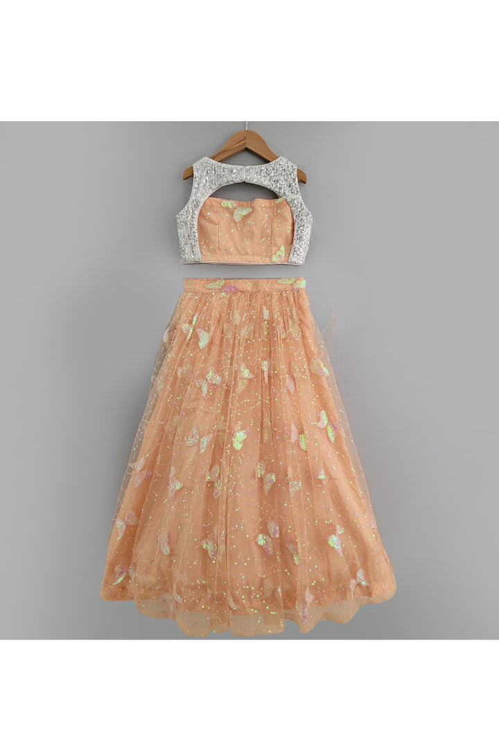 Peach Butterfly Sequins Embroidered Top With Lehenga Set