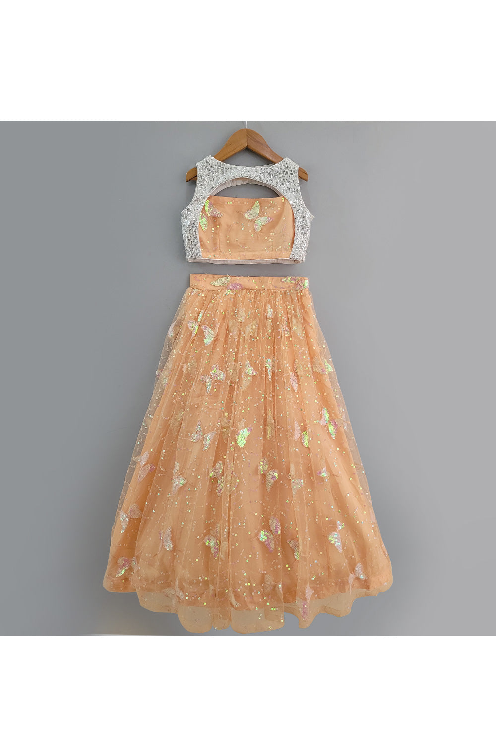 Peach Butterfly Sequins Embroidered Top With Lehenga Set