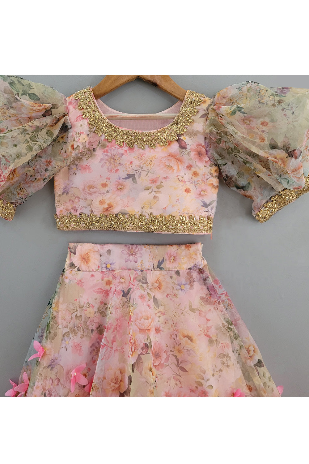 Pink Floral Printed Puff Sleeves Top With Lehenga Set