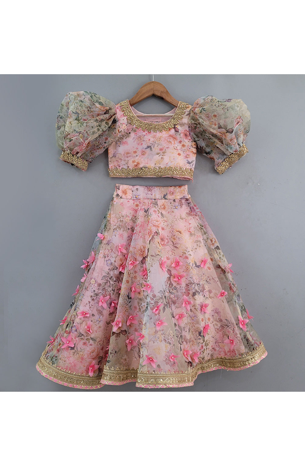 Pink Floral Printed Puff Sleeves Top With Lehenga Set