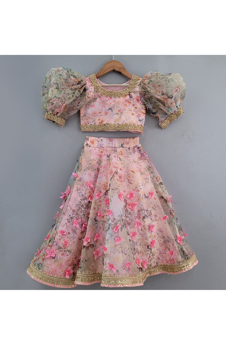 Pink Floral Printed Puff Sleeves Top With Lehenga Set