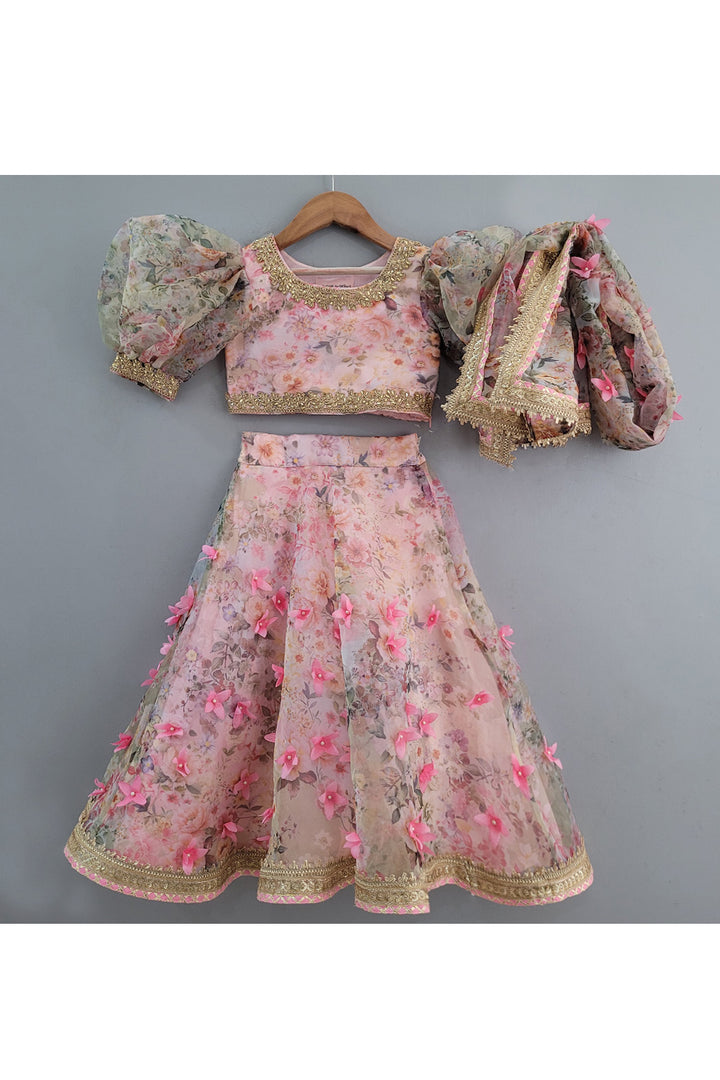 Pink Floral Printed Puff Sleeves Top With Lehenga Set