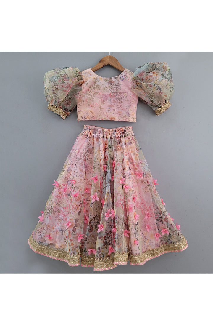 Pink Floral Printed Puff Sleeves Top With Lehenga Set