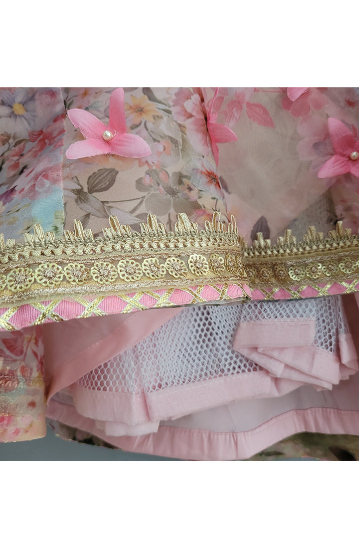Pink Floral Printed Puff Sleeves Top With Lehenga Set